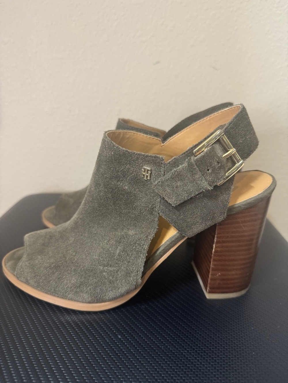 Tommy Hilfiger Gray Suede Open-Peep Toe Block Heel Sandals